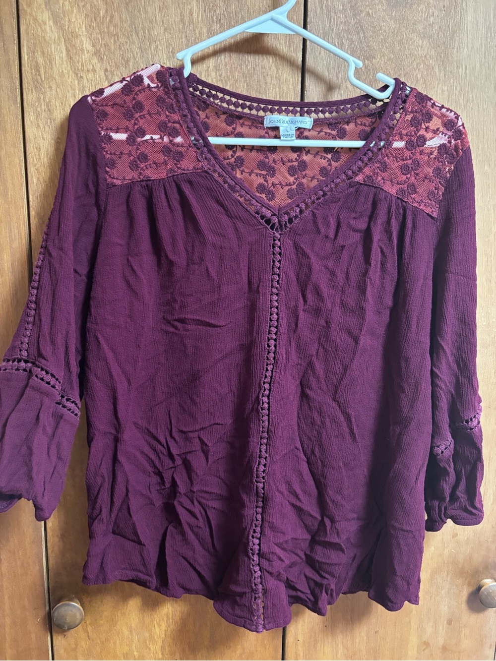 JohnPaulRichard Plum Lace Yoke Peasant Blouse